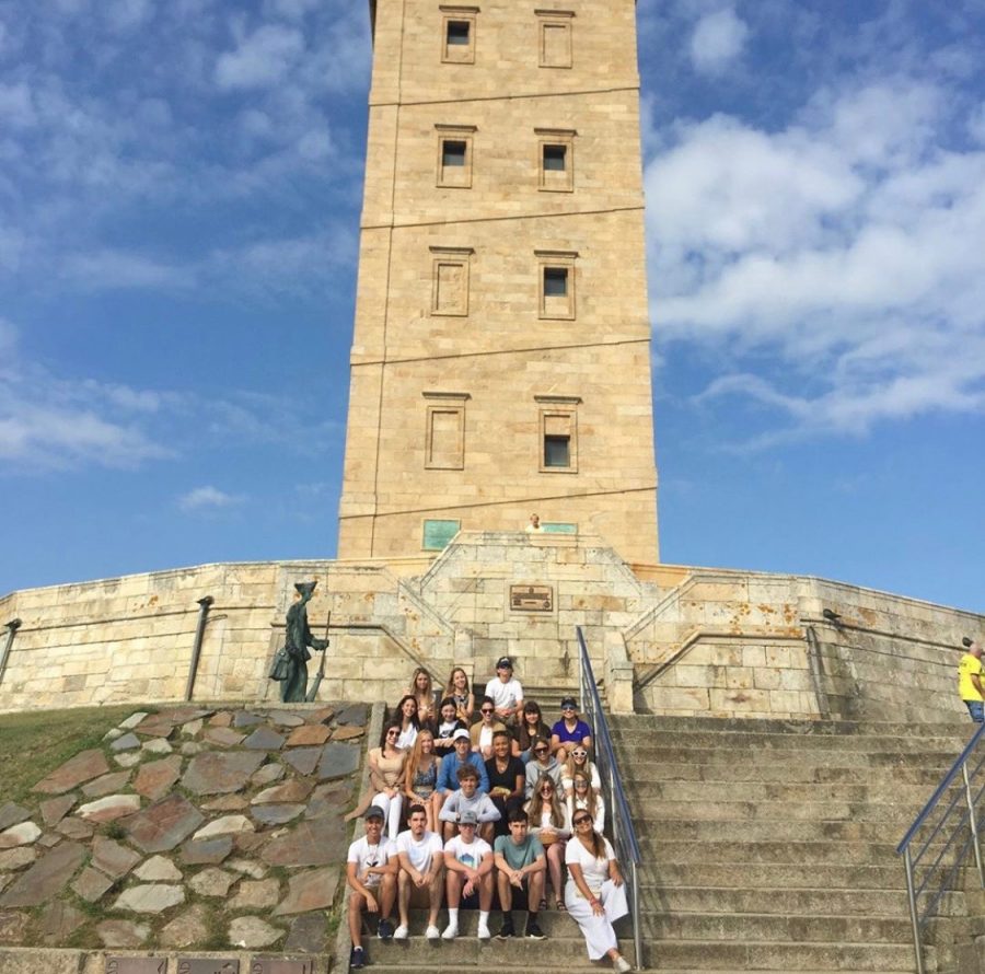 After a long climb up the tower, students sit and rest, taking in the beautiful view of the Spanish Coast.