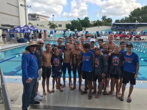 The Boys Swim Team, along with Coach Zuchowski and Dr. Hobbs after their regional championship win. (Photo Credit: Pace Edwards)