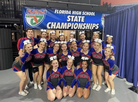 The Kings Academy first male cheerleader, Mason Shipman, with the rest of the cheer team at the Competition Cheer State Championship. (Photo Credit: FHSAA)